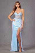Leaf Lace Embroidered Sheer Corset Top And Fitted High Slit Prom Dress JTJT2433A