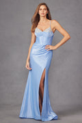 Fitted Silky Stretch Satin Embellished Rhinestone Neck Long Prom Dress