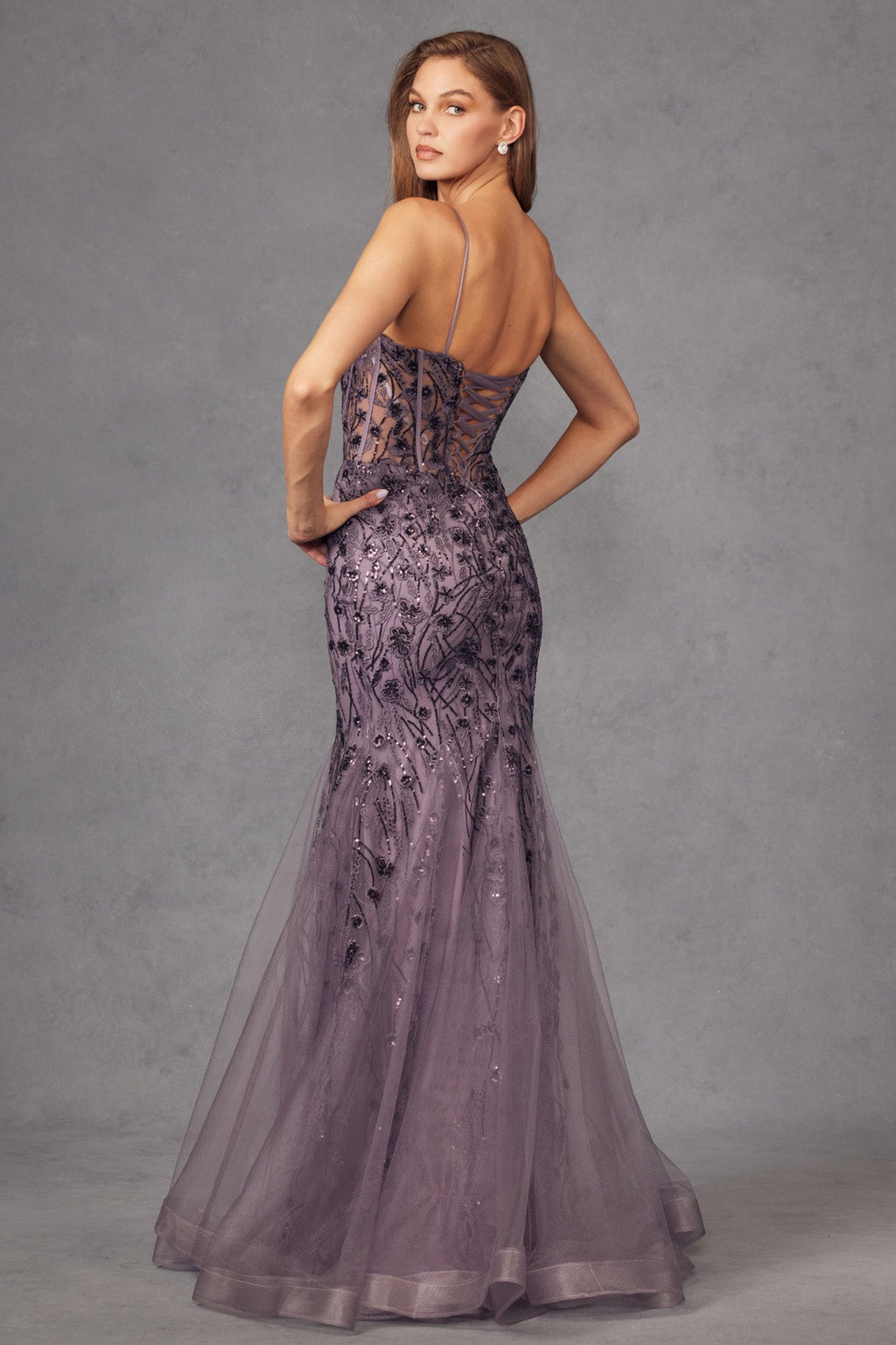 Lace Applique Sheer Bodice Corset Boning Mermaid Long Prom Dress JTJT2441S