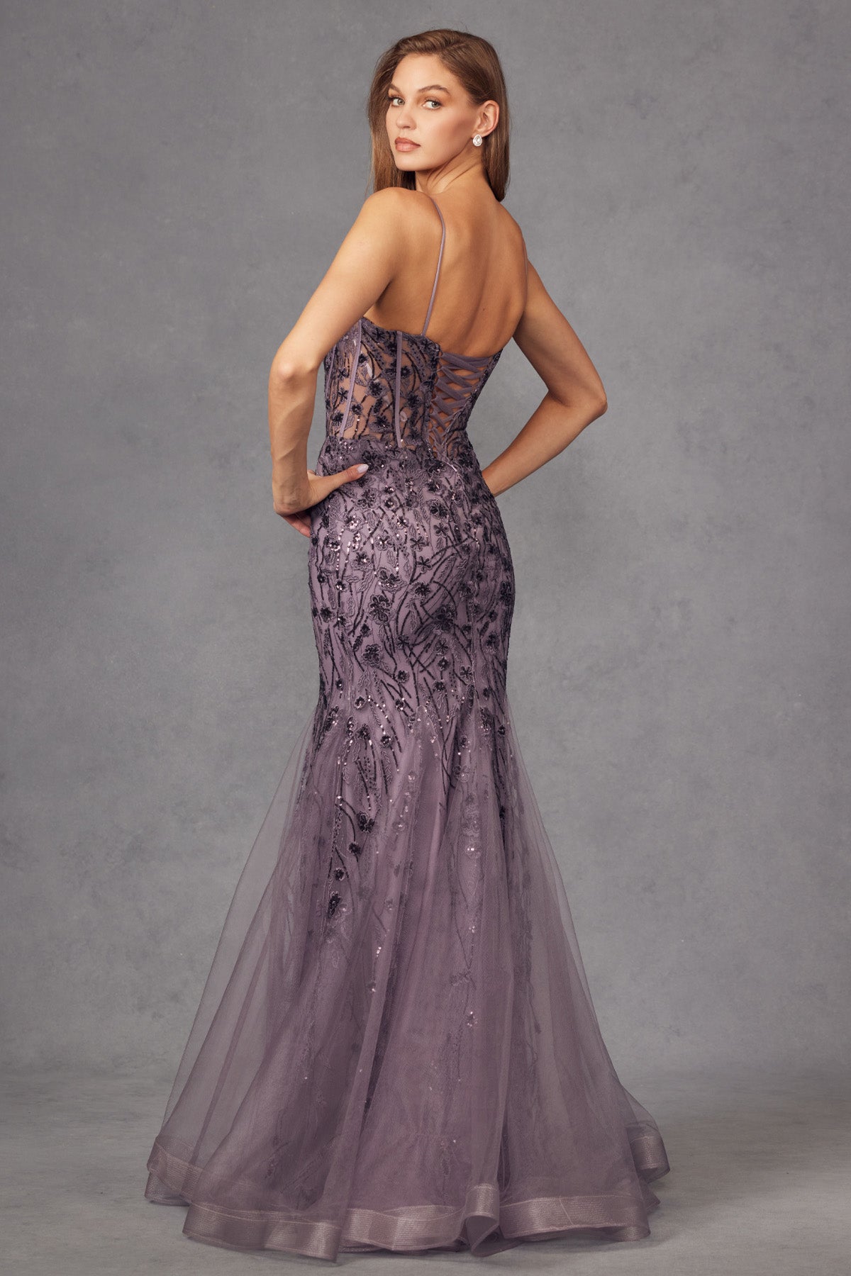 Lace Applique Sheer Bodice Corset Boning Mermaid Long Prom Dress JTJT2441S