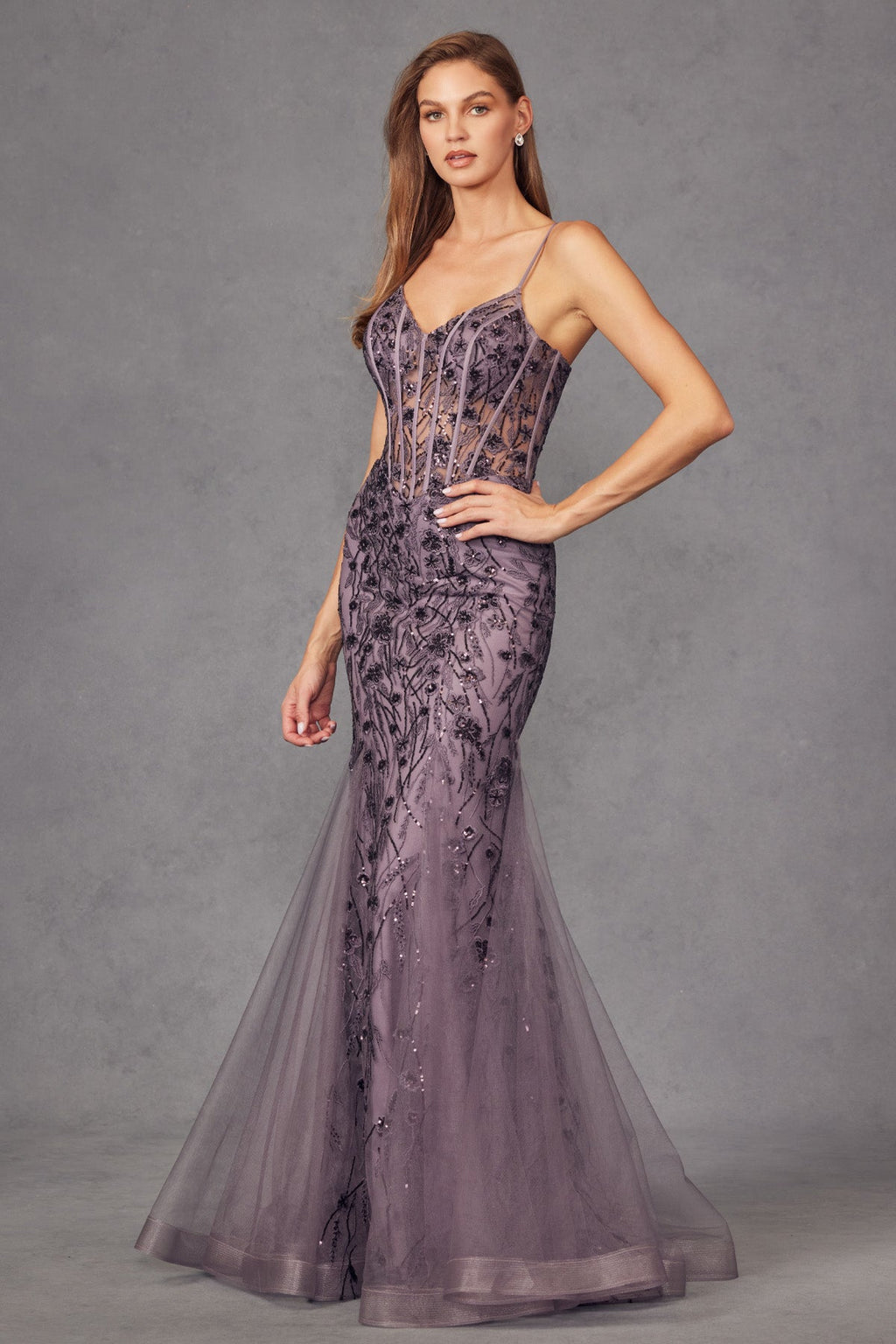 Lace Applique Sheer Bodice Corset Boning Mermaid Long Prom Dress JTJT2441S