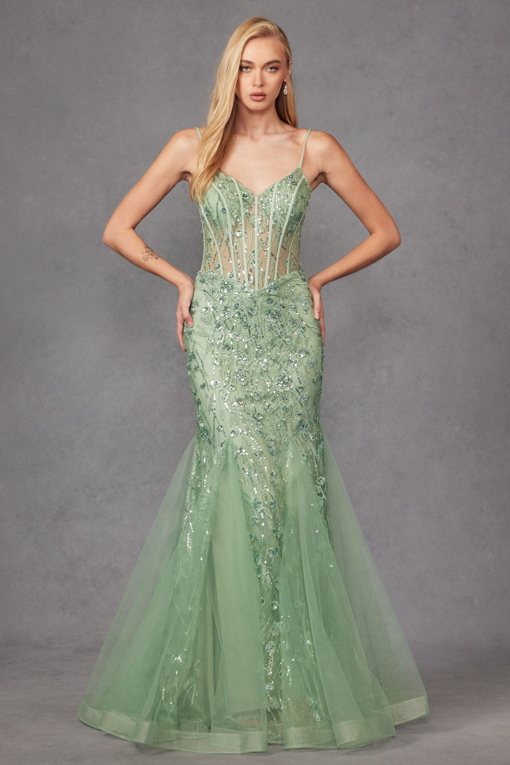 Lace Applique Sheer Bodice Corset Boning Mermaid Long Prom Dress JTJT2441S
