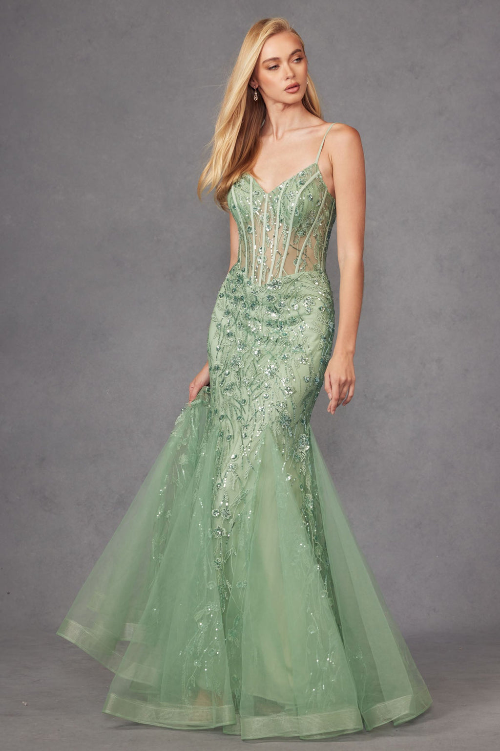 Lace Applique Sheer Bodice Corset Boning Mermaid Long Prom Dress JTJT2441S