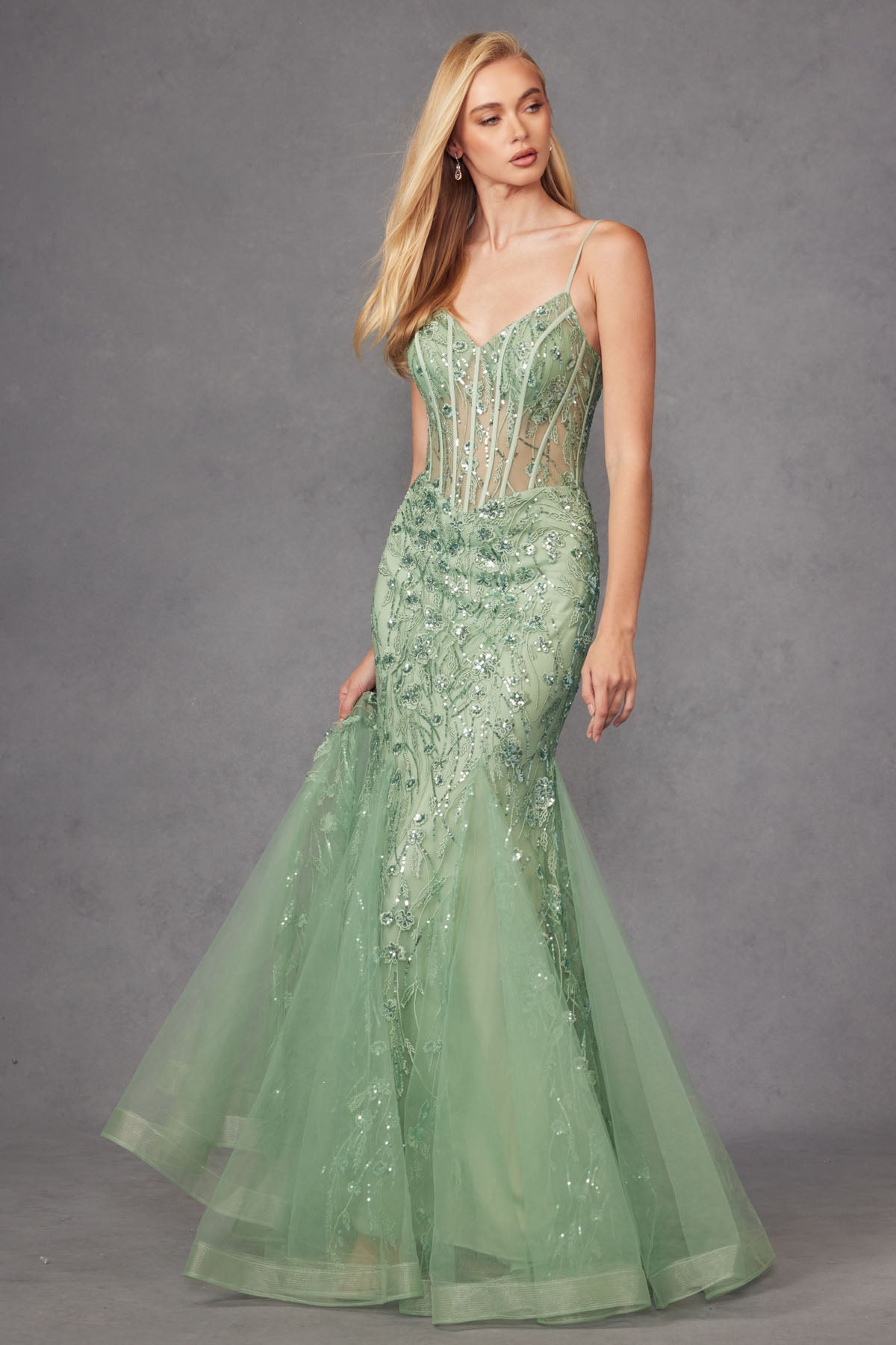 Lace Applique Sheer Bodice Corset Boning Mermaid Long Prom Dress JTJT2441S