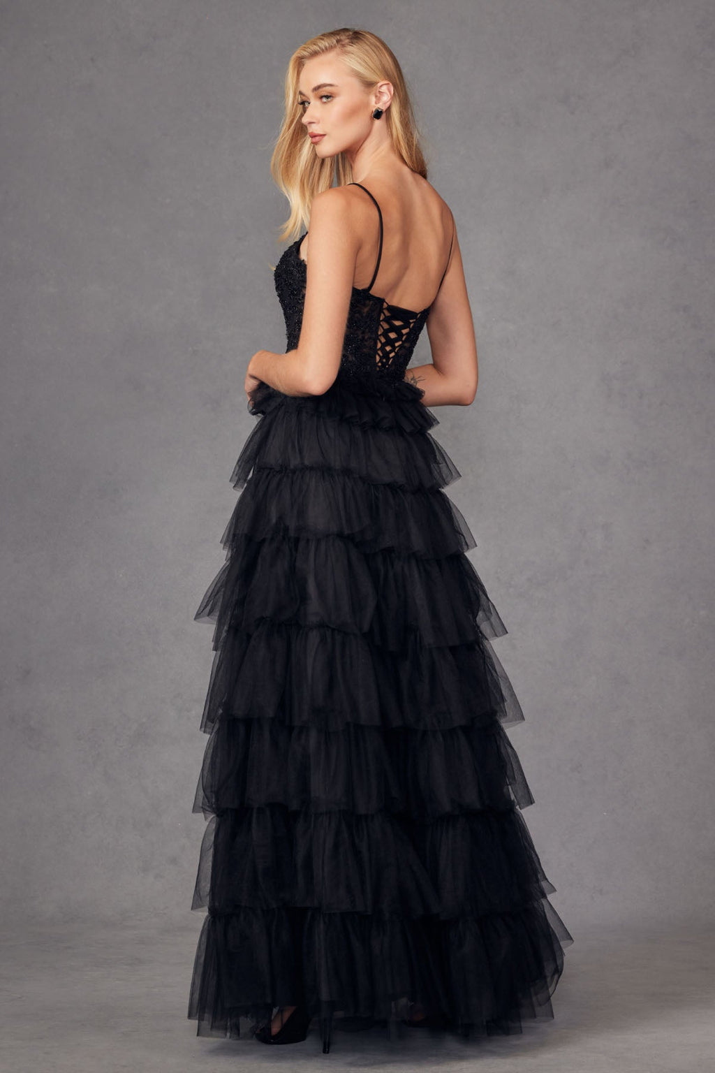 Ruffle Tulle Lace Corset Bodice And Lace Up Back Prom Dress JTJT2451S