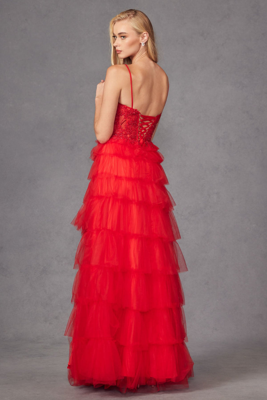 Ruffle Tulle Lace Corset Bodice And Lace Up Back Prom Dress JTJT2451S