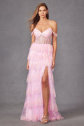 Ruffle Tulle Lace Sequin Sheer Corset Bodice Off The Shoulder Straps Prom Dress JTJT2453K