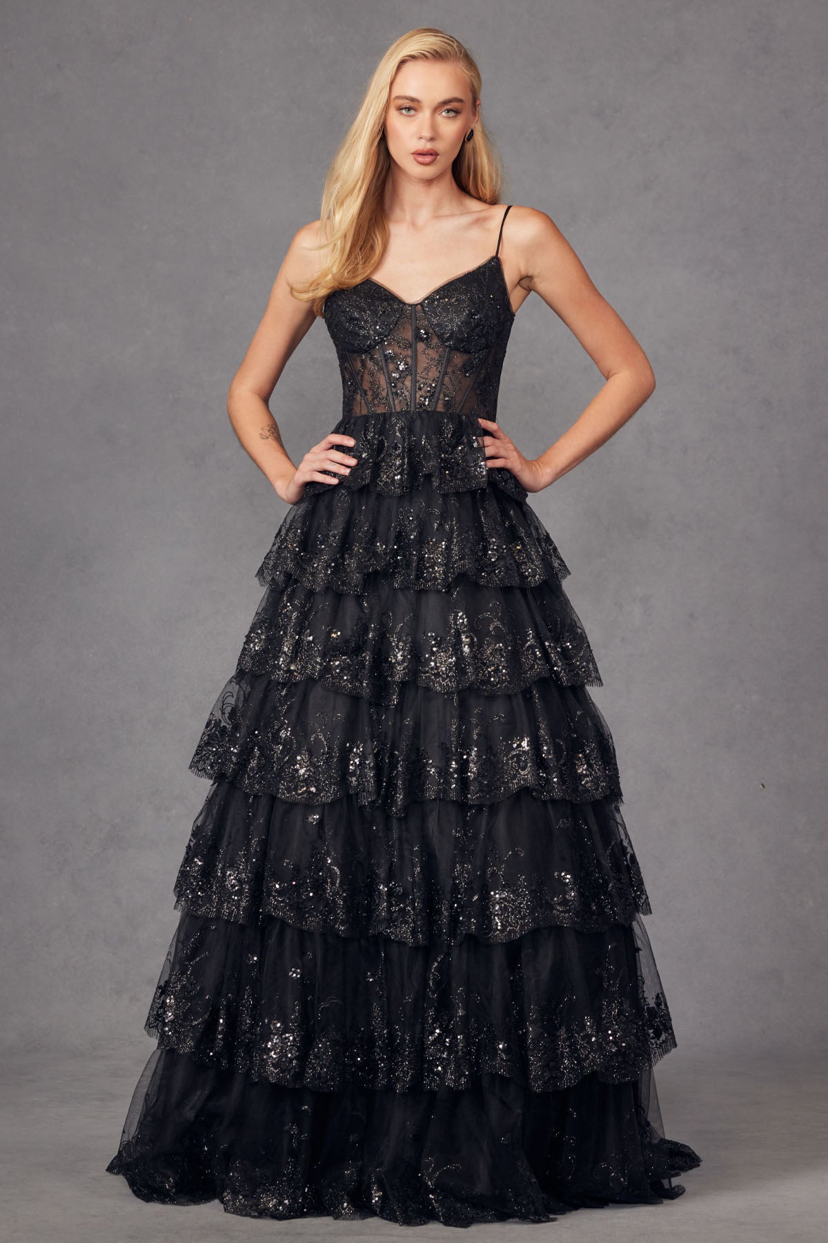 Ruffle Tulle Lace Sequin Sheer Corset Bodice Sweetheart Neckline Prom Dress JTJT2454K