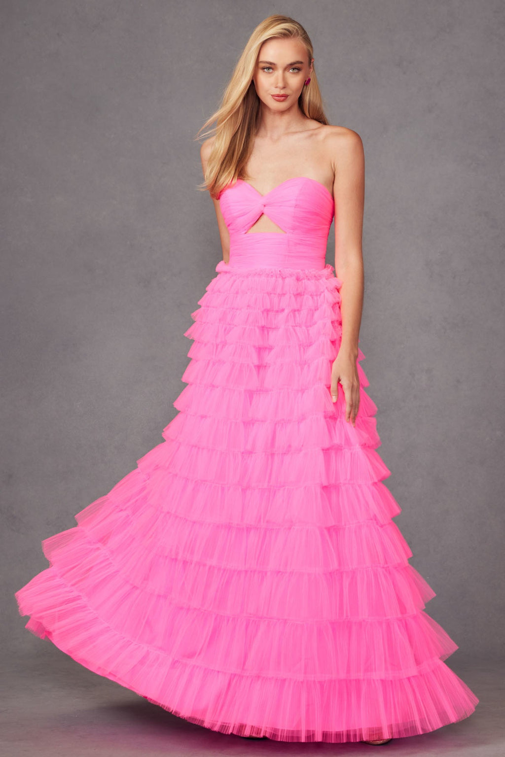 Strapless Keyholes Tulle Ruffle Skirt Long Prom Dress JTJT2456H