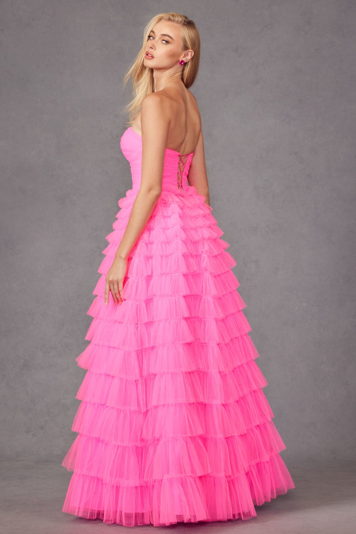 Strapless Keyholes Tulle Ruffle Skirt Long Prom Dress JTJT2456H