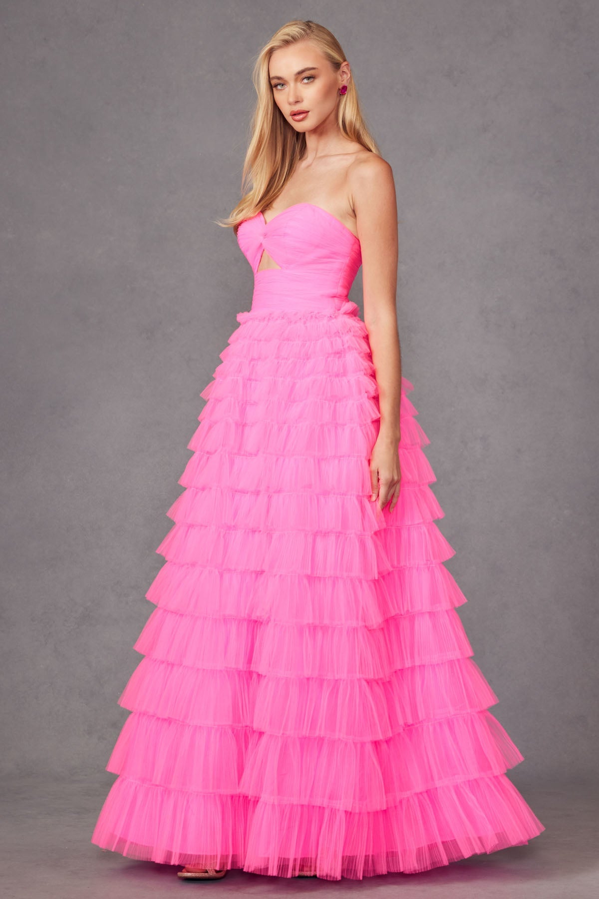 Strapless Keyholes Tulle Ruffle Skirt Long Prom Dress JTJT2456H