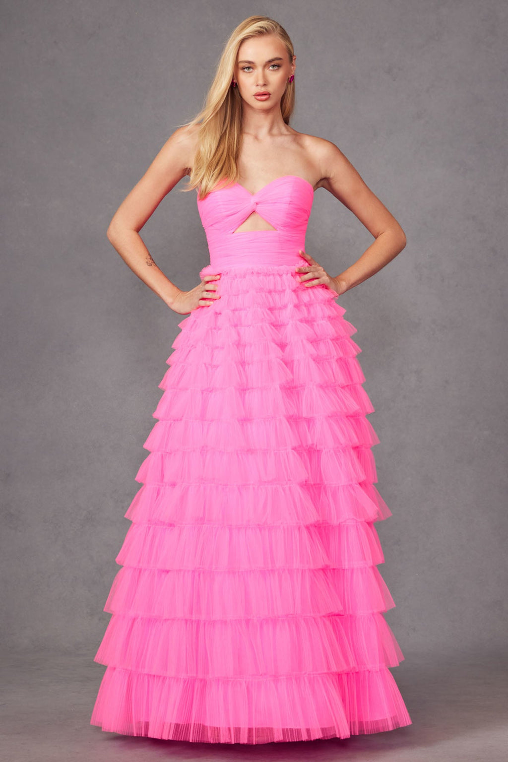 Strapless Keyholes Tulle Ruffle Skirt Long Prom Dress JTJT2456H