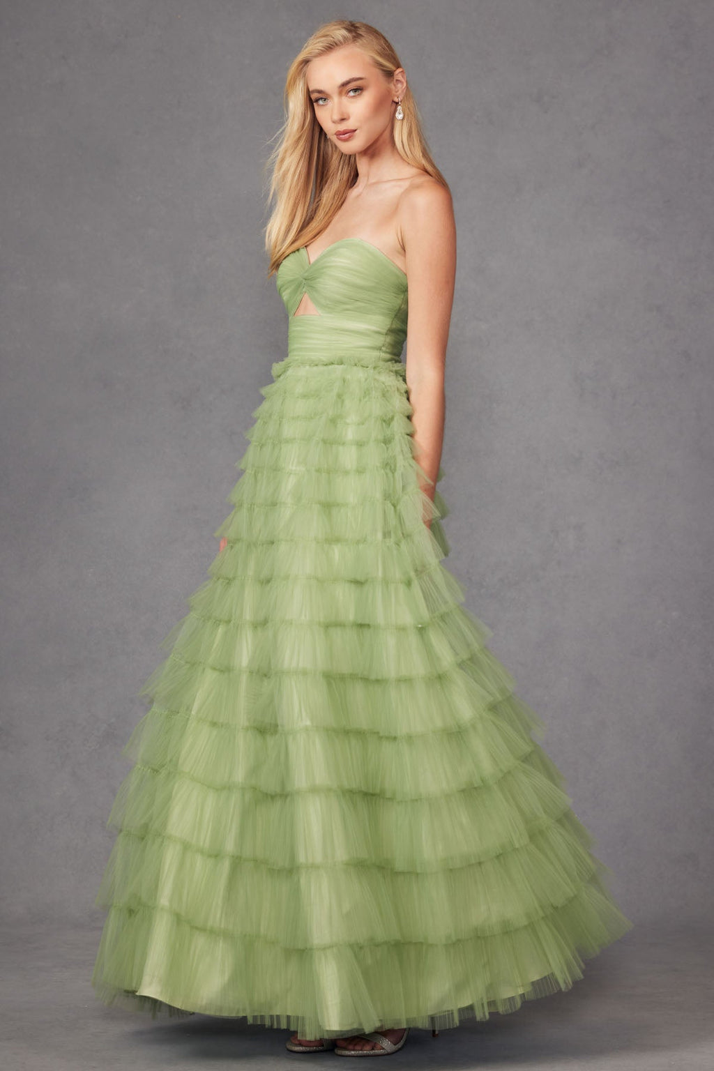 Strapless Keyholes Tulle Ruffle Skirt Long Prom Dress JTJT2456H