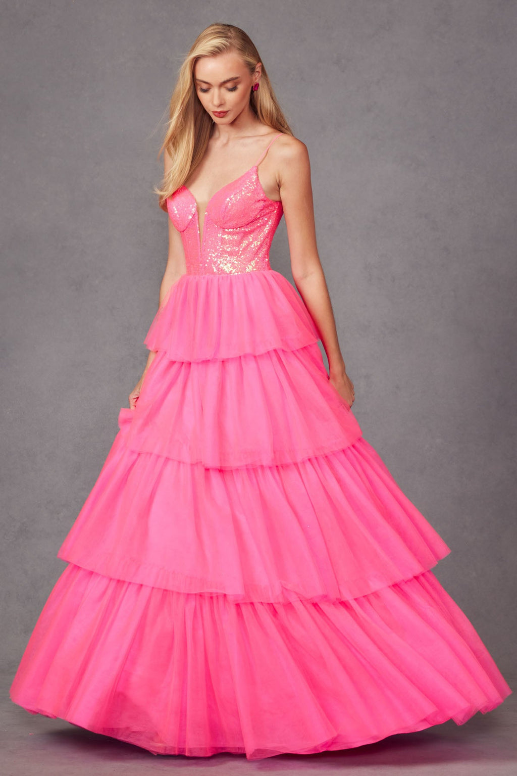 Tulle Ruffle Sequin Bodice V-Neckline Long Prom Dress JTJT2457H