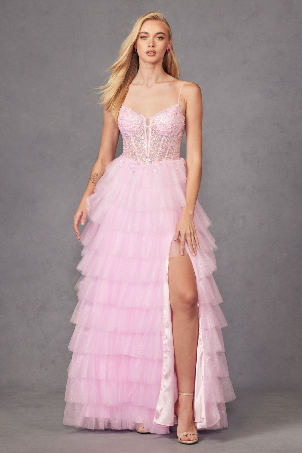 Ruffle Tulle With A Deep Lace Corset Bodice And Lace Up Back Prom Dress JTJT2458A