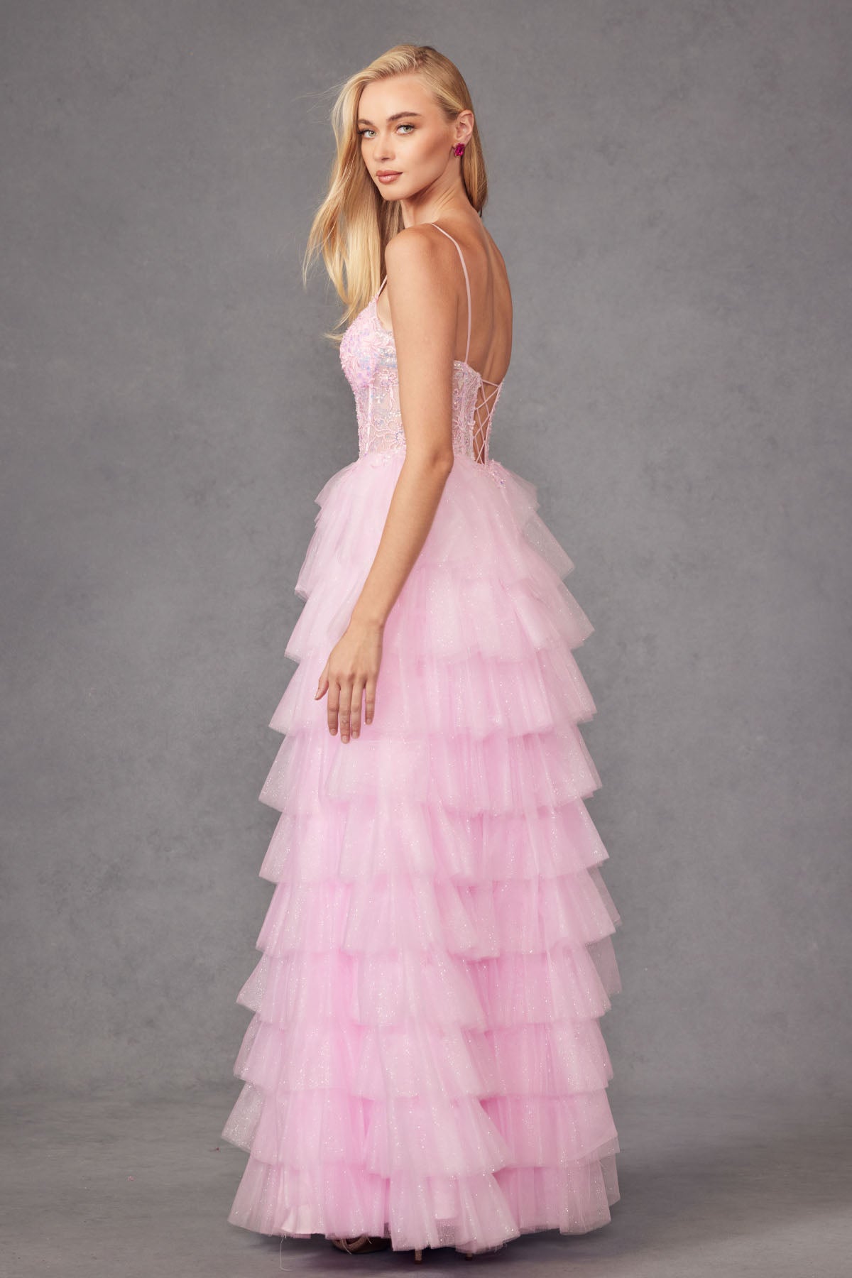 Ruffle Tulle With A Deep Lace Corset Bodice And Lace Up Back Prom Dress JTJT2458A