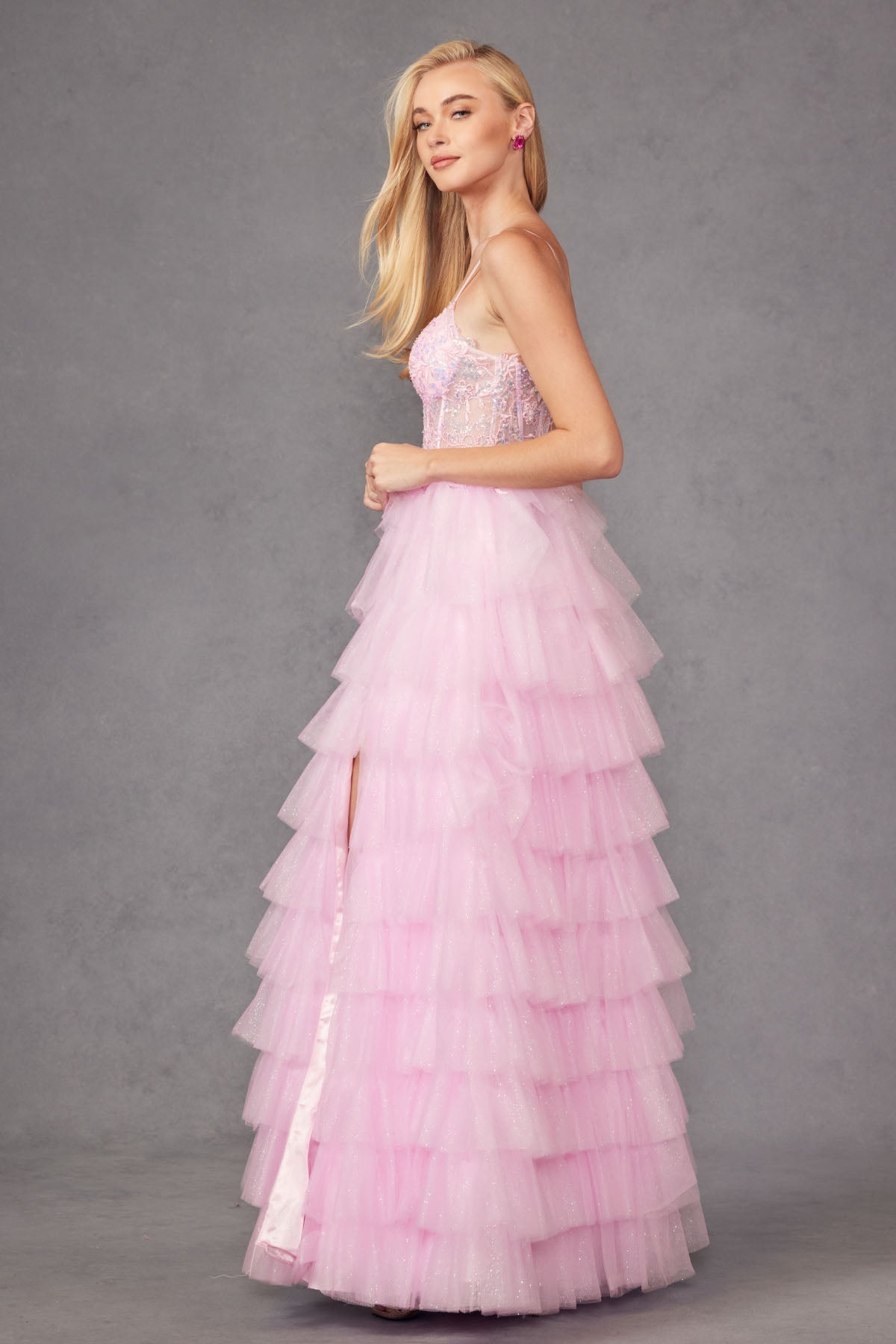 Ruffle Tulle With A Deep Lace Corset Bodice And Lace Up Back Prom Dress JTJT2458A