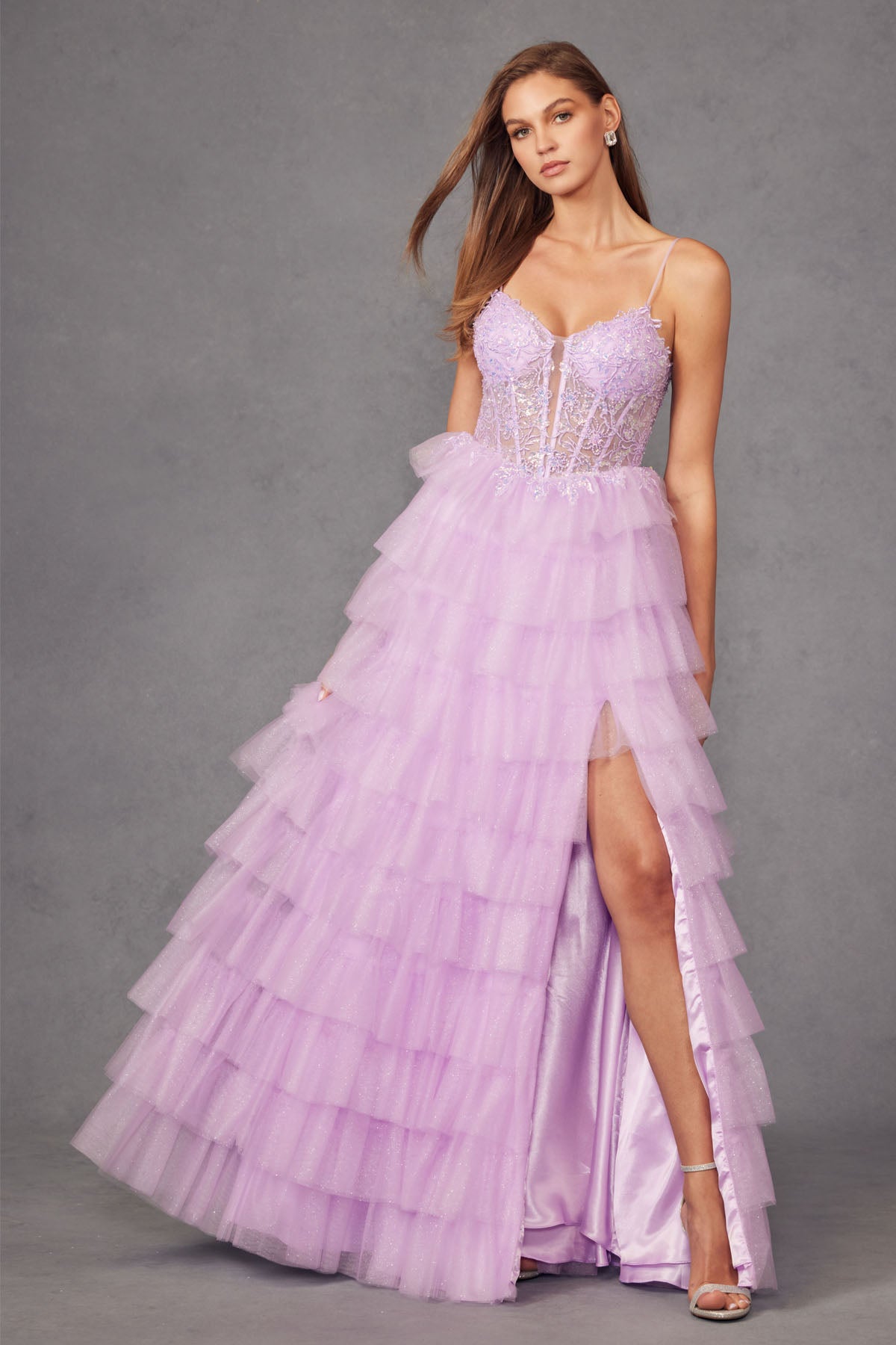 Ruffle Tulle With A Deep Lace Corset Bodice And Lace Up Back Prom Dress JTJT2458A