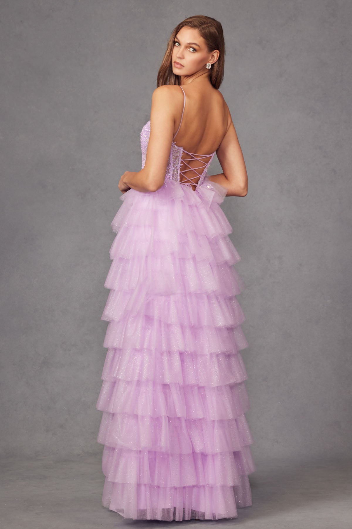 Ruffle Tulle With A Deep Lace Corset Bodice And Lace Up Back Prom Dress JTJT2458A