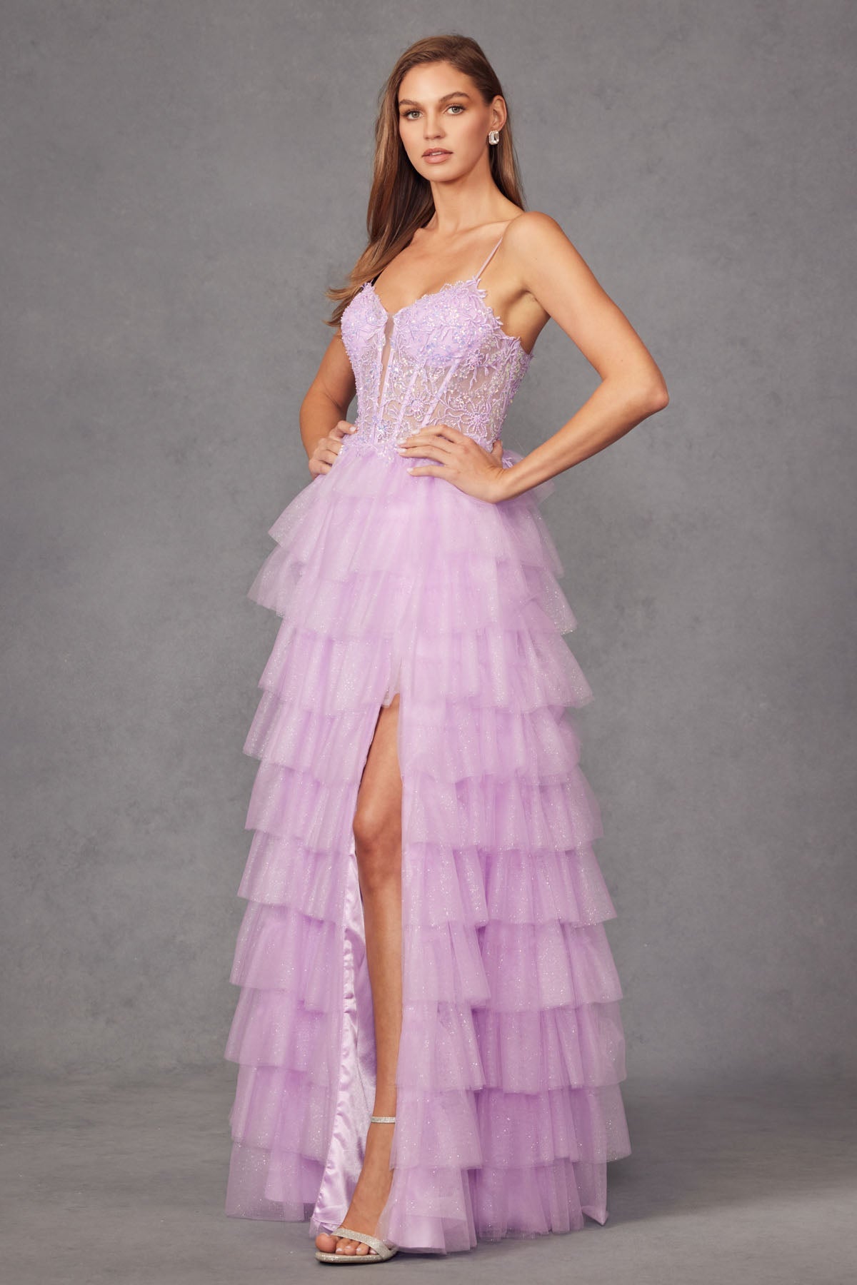 Ruffle Tulle With A Deep Lace Corset Bodice And Lace Up Back Prom Dress JTJT2458A