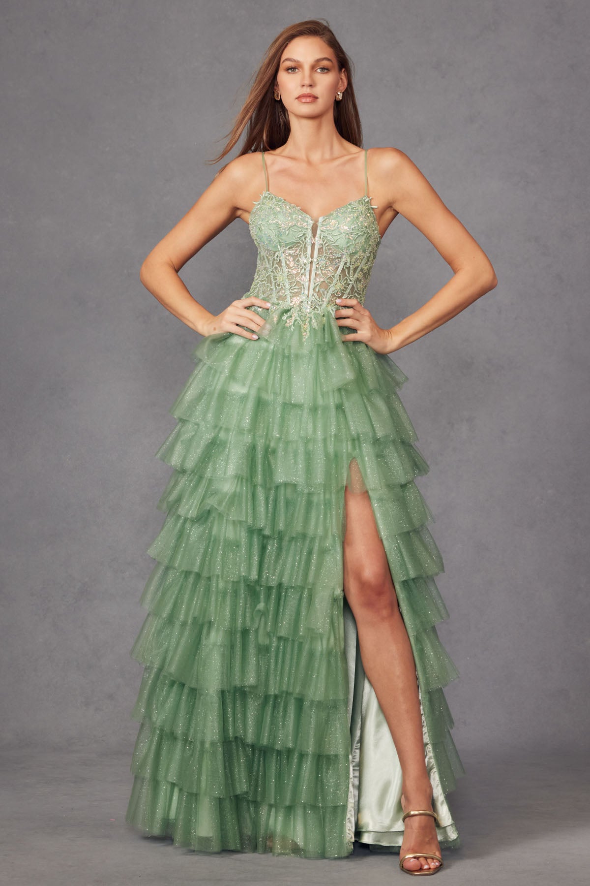 Ruffle Tulle With A Deep Lace Corset Bodice And Lace Up Back Prom Dress JTJT2458A