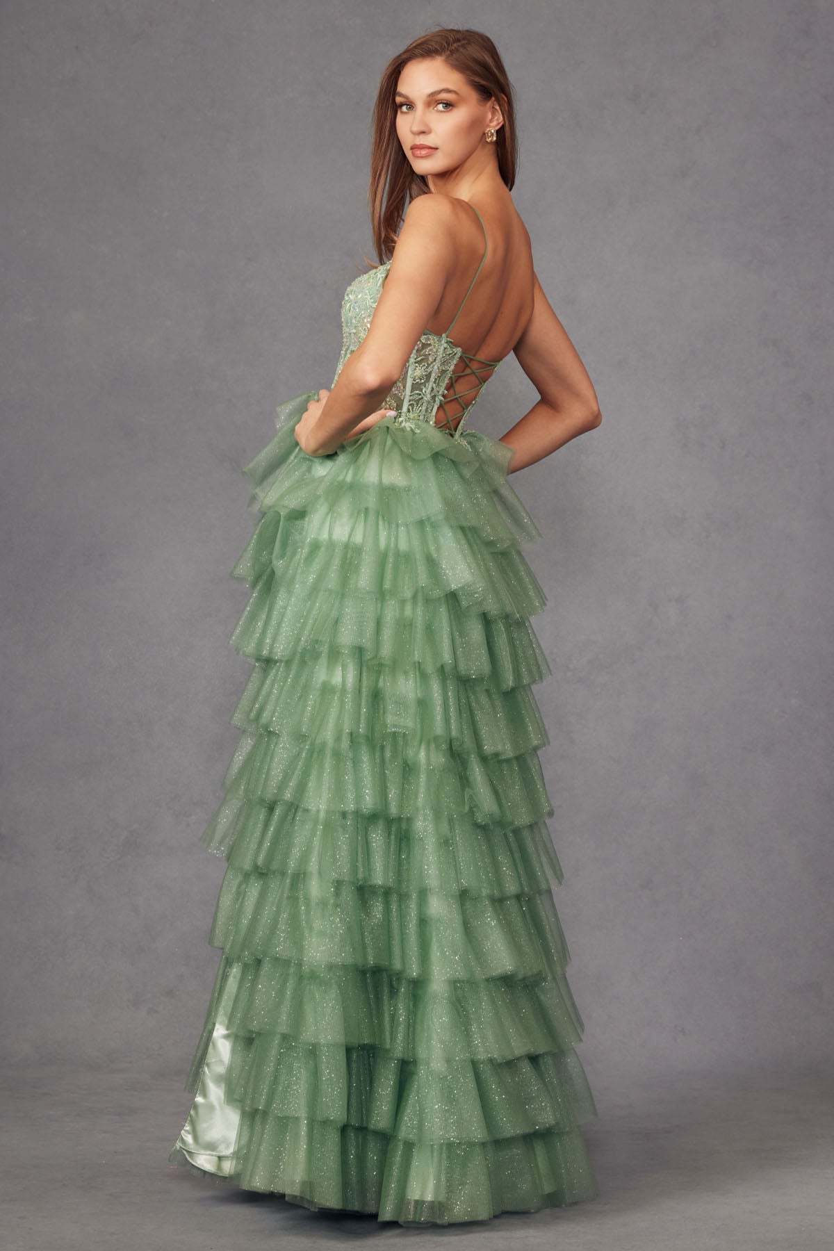 Ruffle Tulle With A Deep Lace Corset Bodice And Lace Up Back Prom Dress JTJT2458A