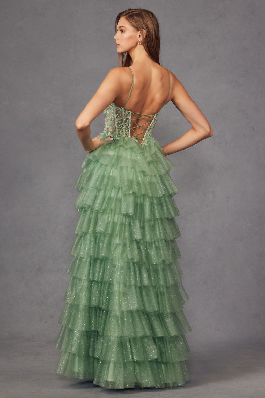 Ruffle Tulle With A Deep Lace Corset Bodice And Lace Up Back Prom Dress JTJT2458A