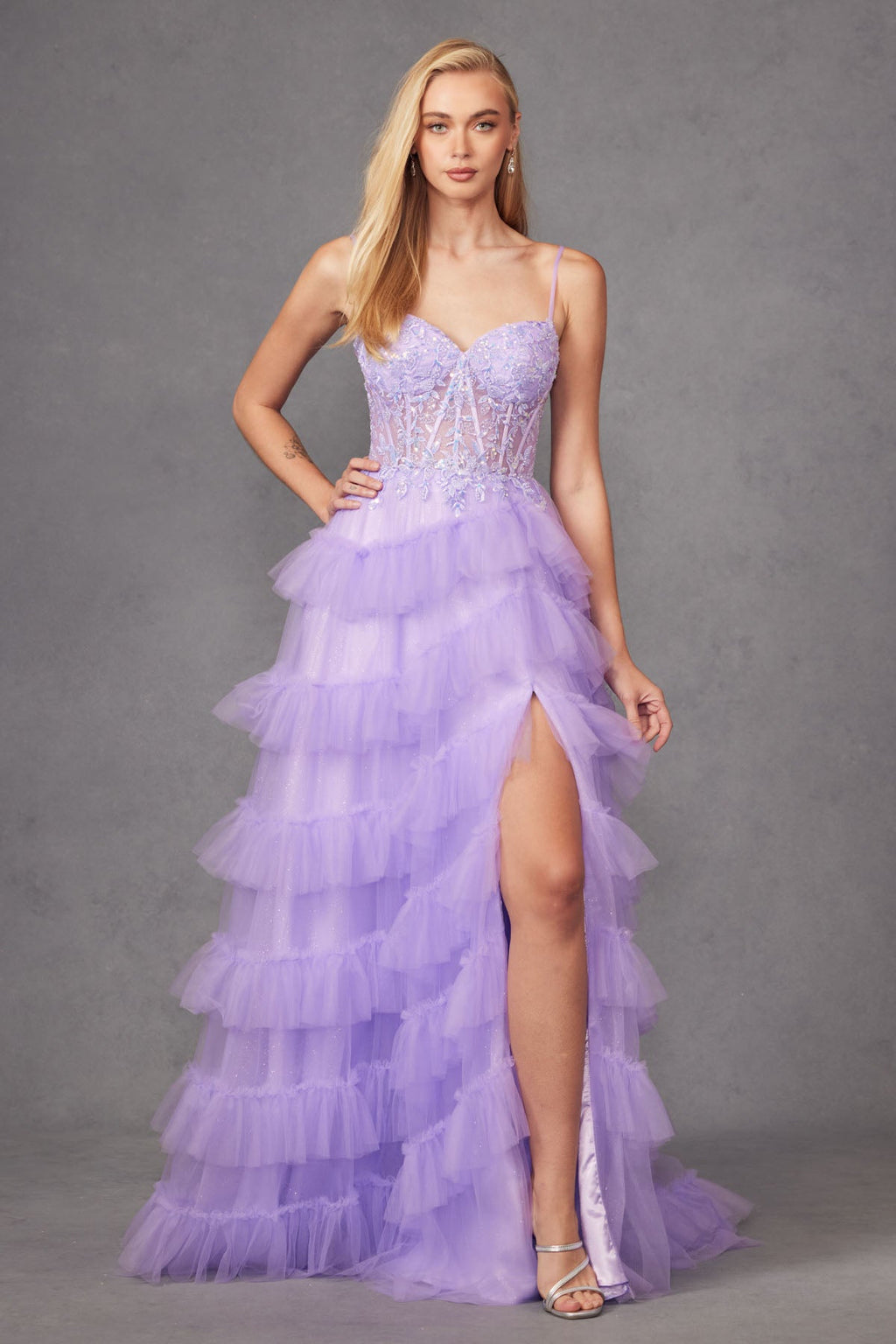 Fitted Beaded Tulle Ruffle Skirt Side Slit Lace Corset Long Prom Dress JTJT2459A