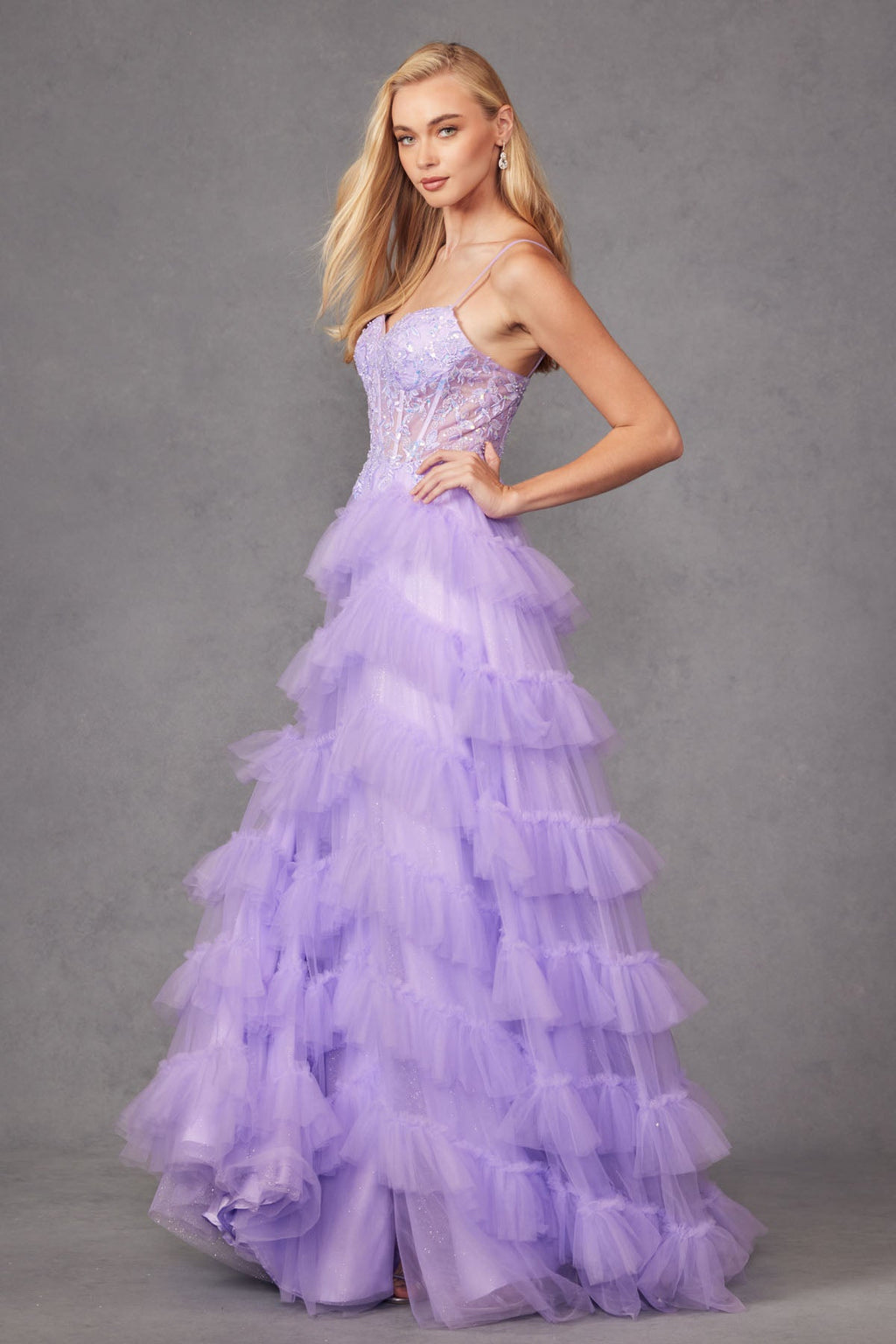 Fitted Beaded Tulle Ruffle Skirt Side Slit Lace Corset Long Prom Dress JTJT2459A