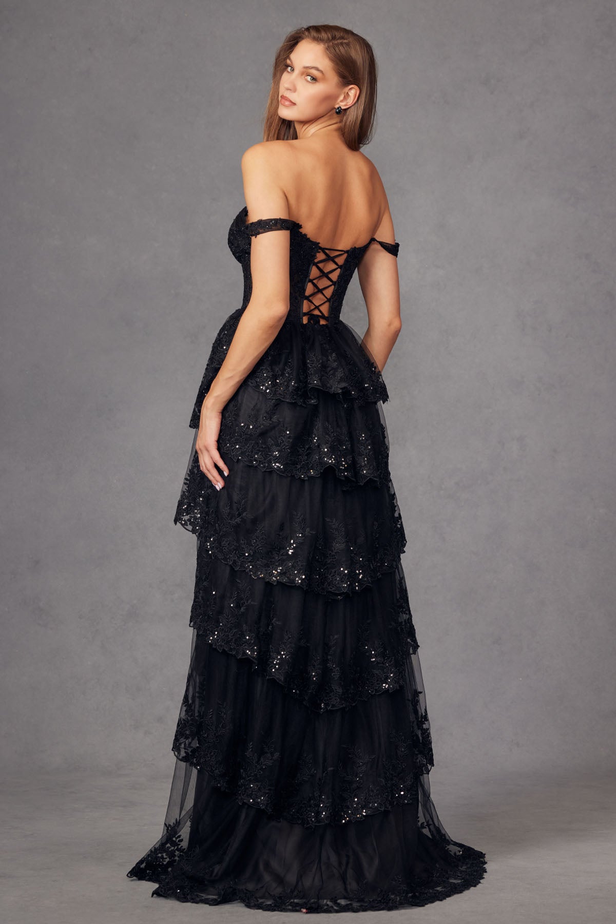 Tulle Lace Sequin Fitted Sheer Corset Bodice Ruffle Skirt High Slit Prom Dress JTJT2463A