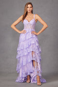 Tulle Lace Sequin Fitted Sheer Corset Bodice Ruffle Skirt High Slit Prom Dress JTJT2463A