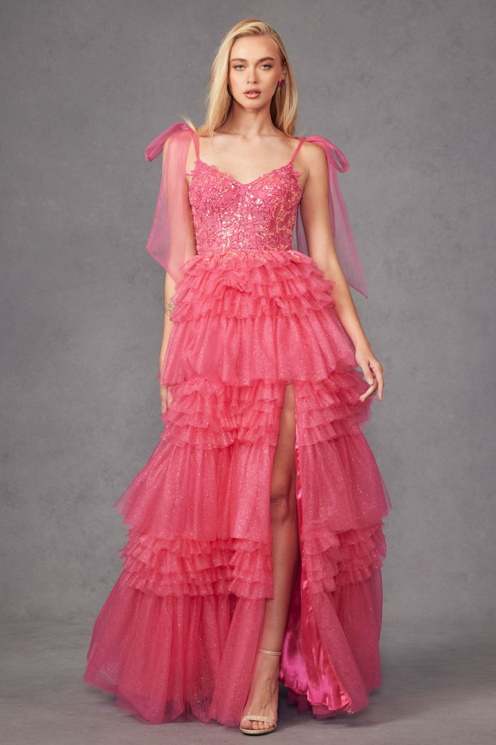 Tiered Ruffle Skirt Tulle Bows On Shoulder Sleeve Long Prom Dress JTJT2465A