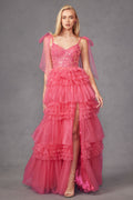 Tiered Ruffle Skirt Tulle Bows On Shoulder Sleeve Long Prom Dress JTJT2465A