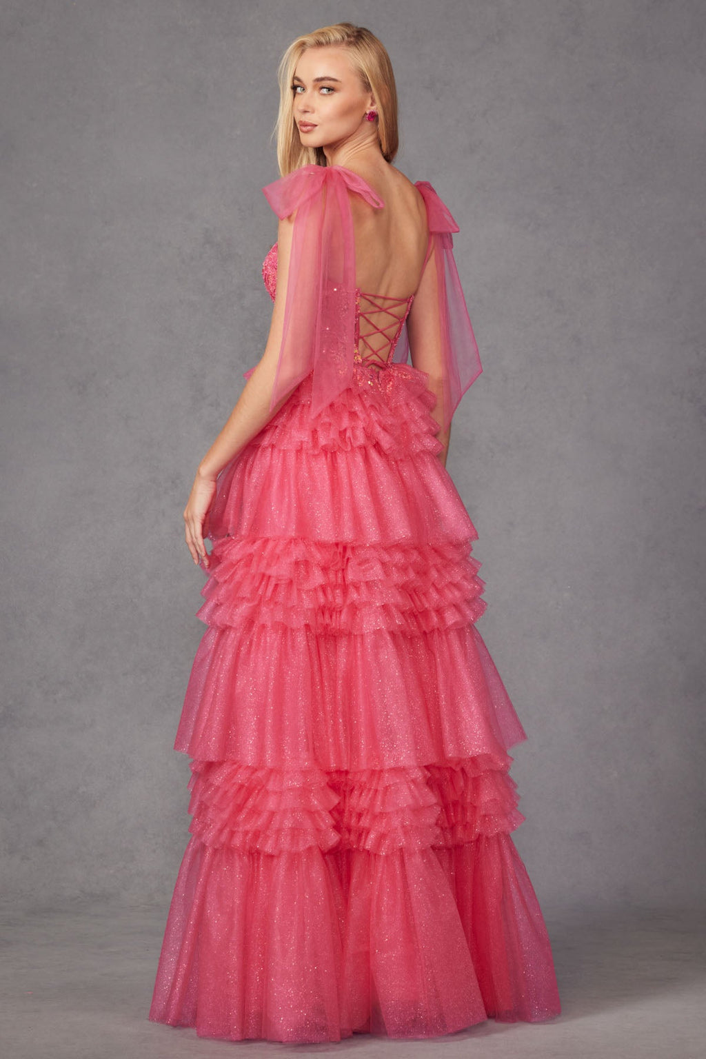 Tiered Ruffle Skirt Tulle Bows On Shoulder Sleeve Long Prom Dress JTJT2465A