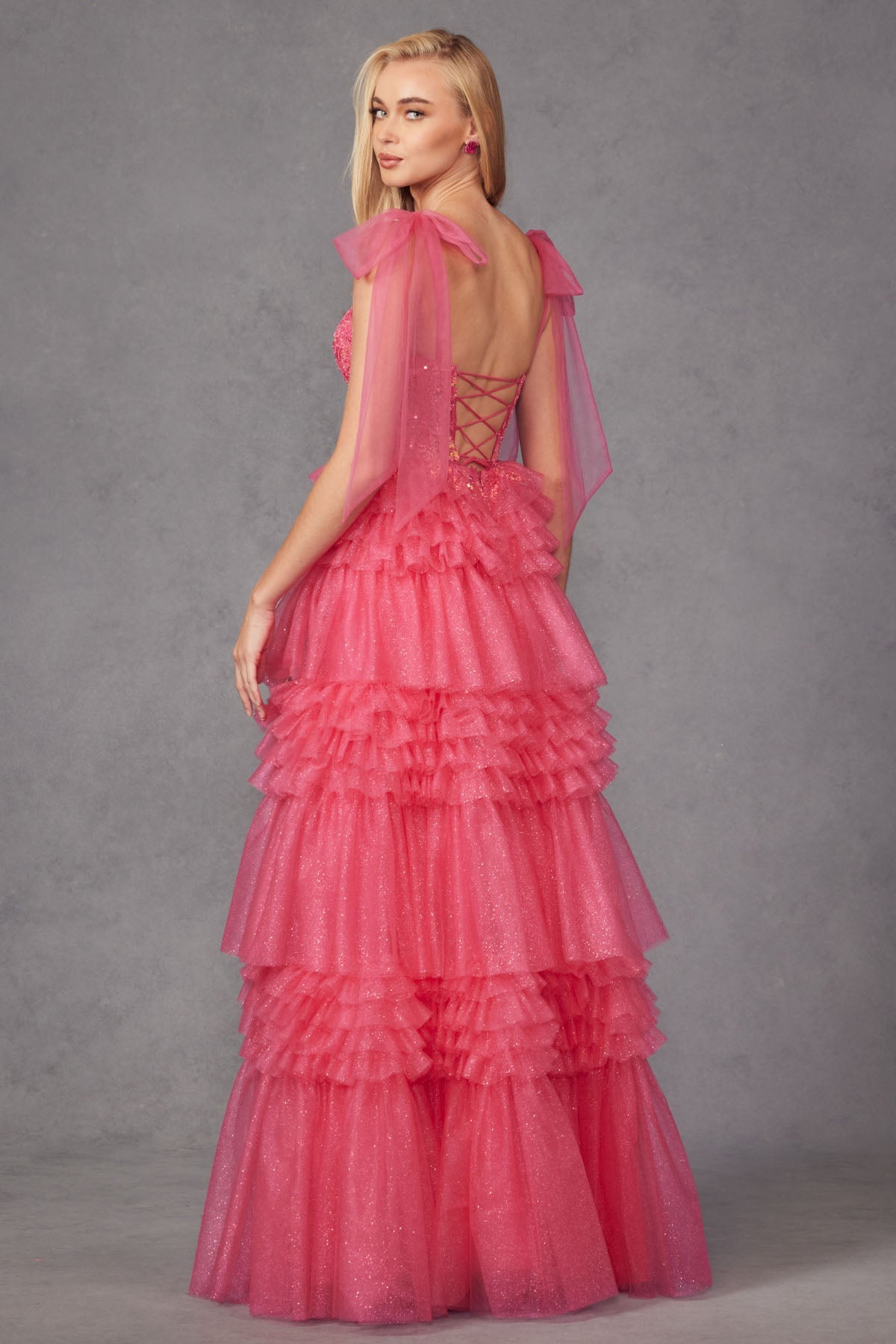 Tiered Ruffle Skirt Tulle Bows On Shoulder Sleeve Long Prom Dress JTJT2465A