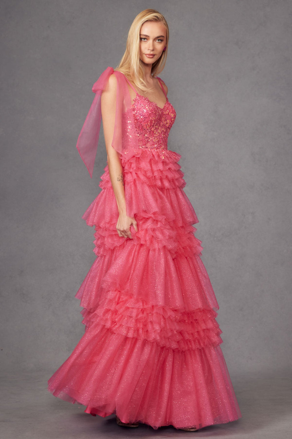 Tiered Ruffle Skirt Tulle Bows On Shoulder Sleeve Long Prom Dress JTJT2465A