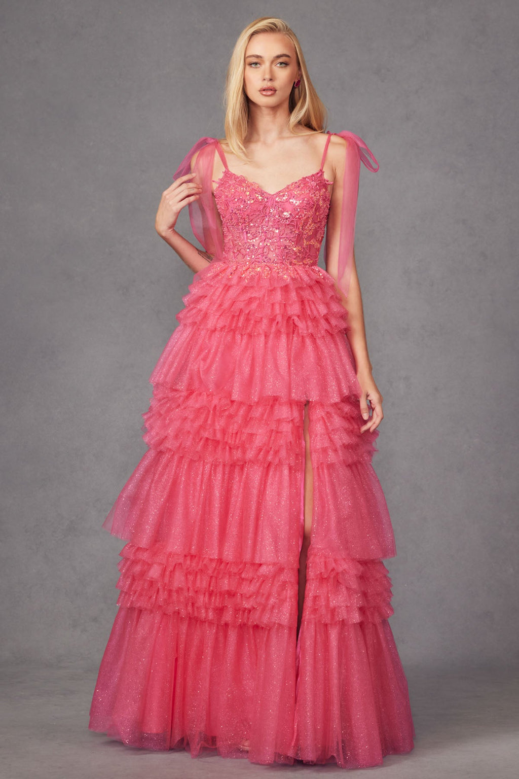 Tiered Ruffle Skirt Tulle Bows On Shoulder Sleeve Long Prom Dress JTJT2465A