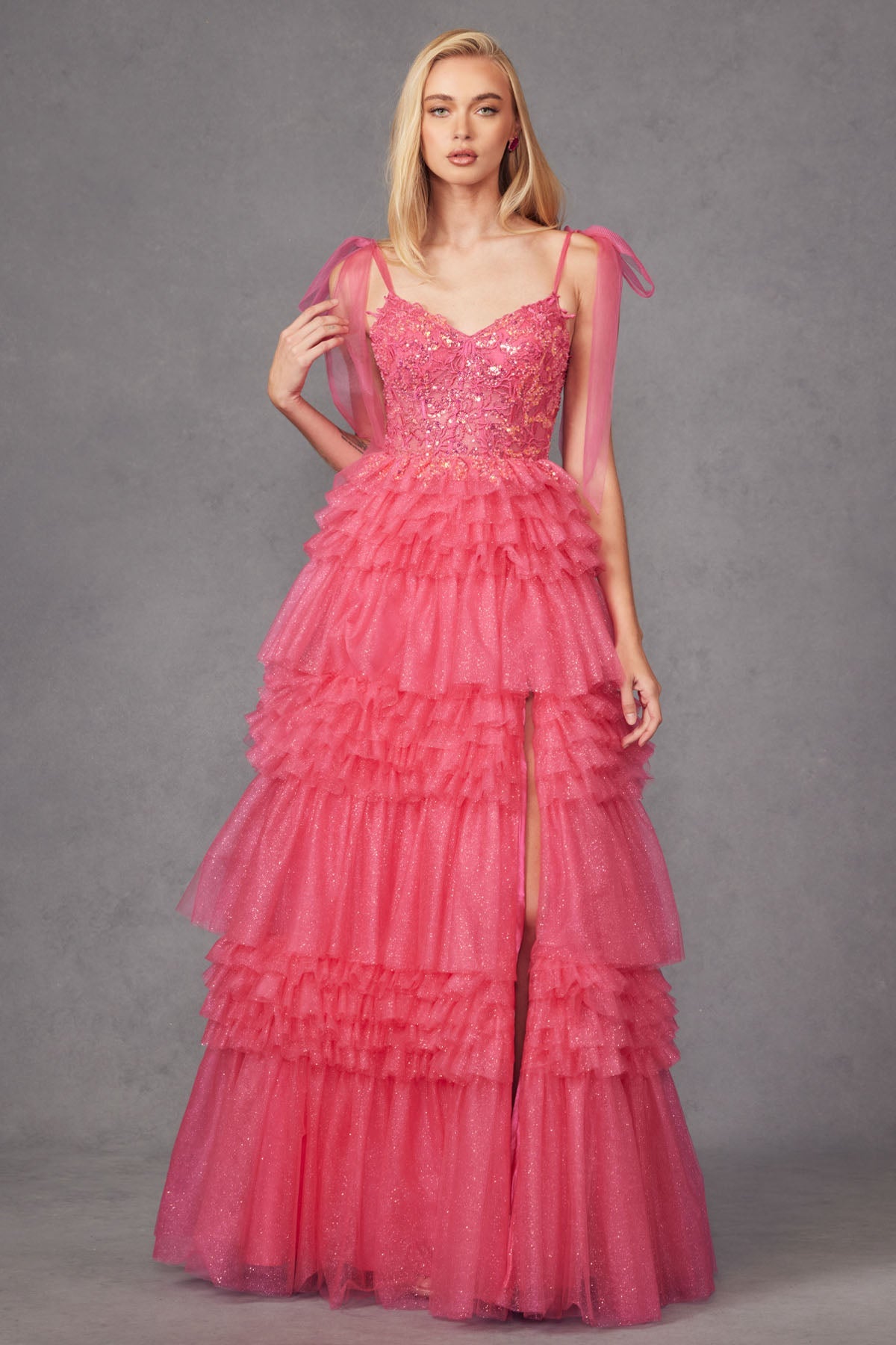 Tiered Ruffle Skirt Tulle Bows On Shoulder Sleeve Long Prom Dress JTJT2465A
