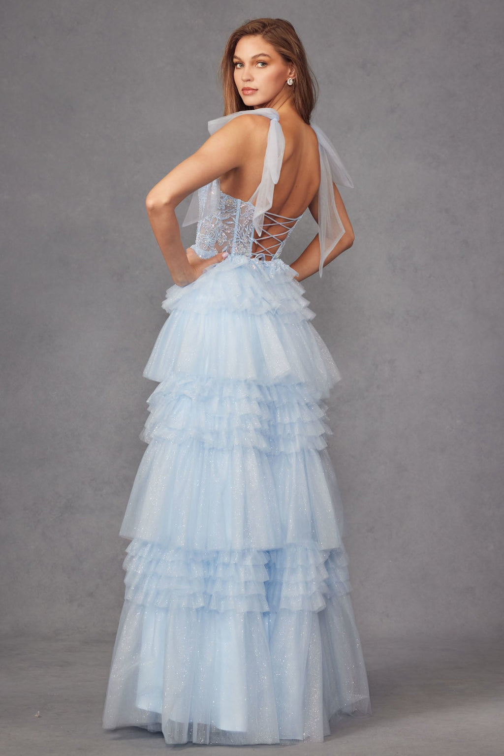 Tiered Ruffle Skirt Tulle Bows On Shoulder Sleeve Long Prom Dress JTJT2465A