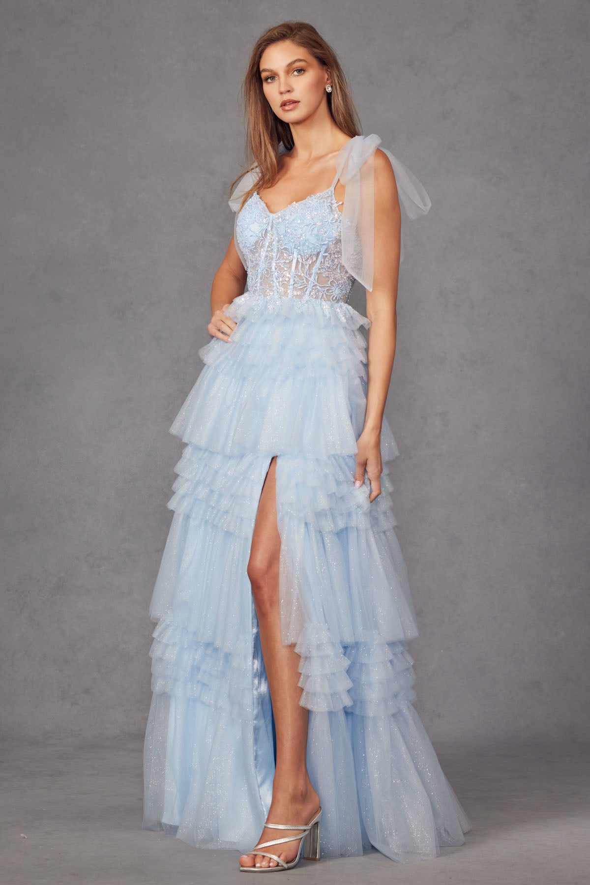 Tiered Ruffle Skirt Tulle Bows On Shoulder Sleeve Long Prom Dress JTJT2465A