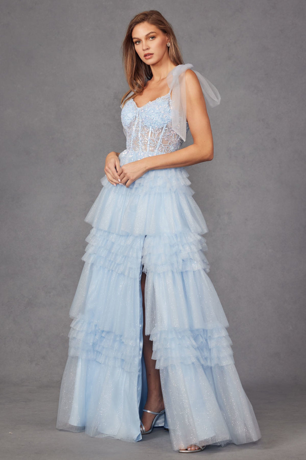 Tiered Ruffle Skirt Tulle Bows On Shoulder Sleeve Long Prom Dress JTJT2465A