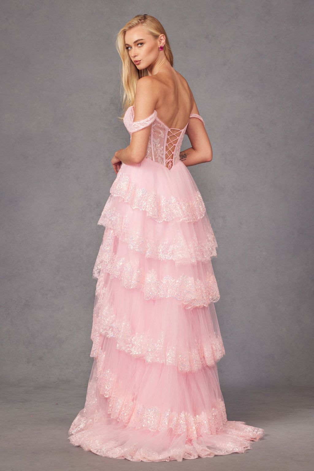 Ruffle Tulle Lace Sequin Off Shoulder Sheer Corset Bodice Long Prom Dress JTJT2467K