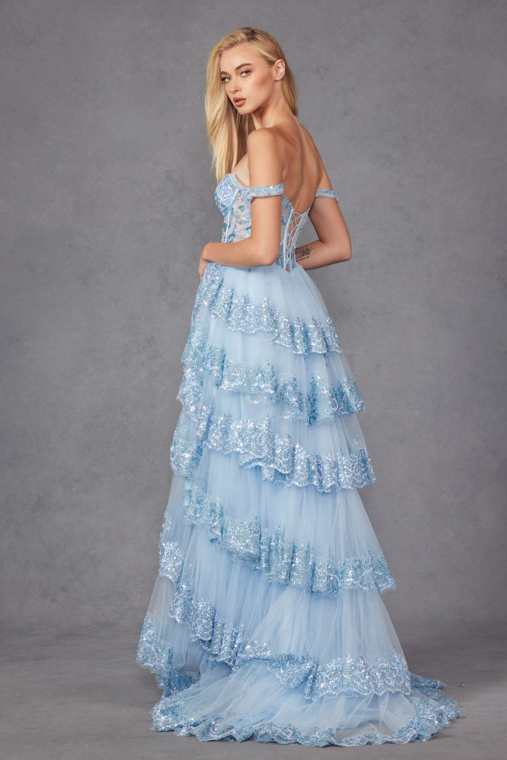 Ruffle Tulle Lace Sequin Off Shoulder Sheer Corset Bodice Long Prom Dress JTJT2467K