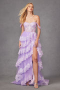 Ruffle Tulle Lace Sequin Off Shoulder Sheer Corset Bodice Long Prom Dress JTJT2467K