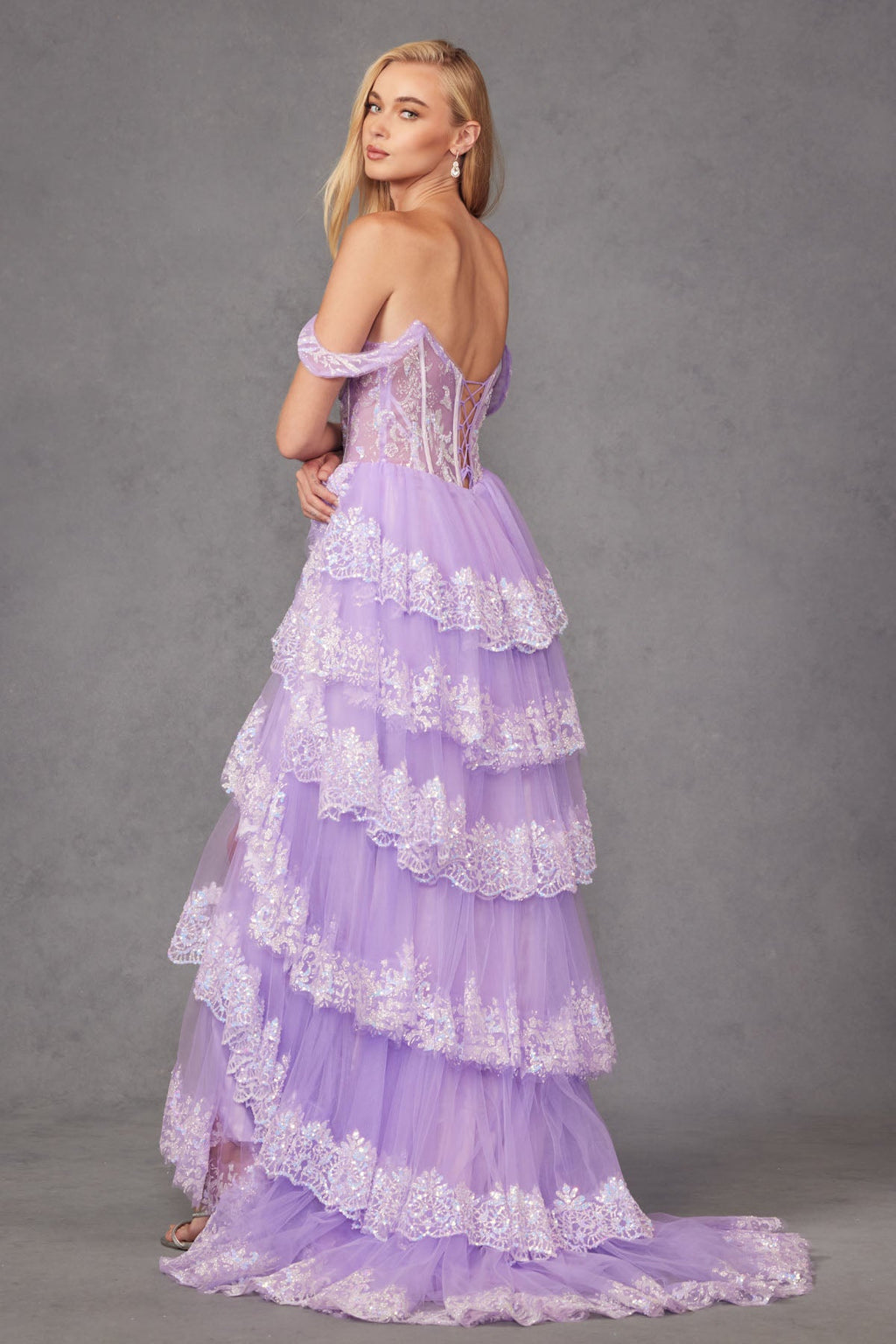 Ruffle Tulle Lace Sequin Off Shoulder Sheer Corset Bodice Long Prom Dress JTJT2467K