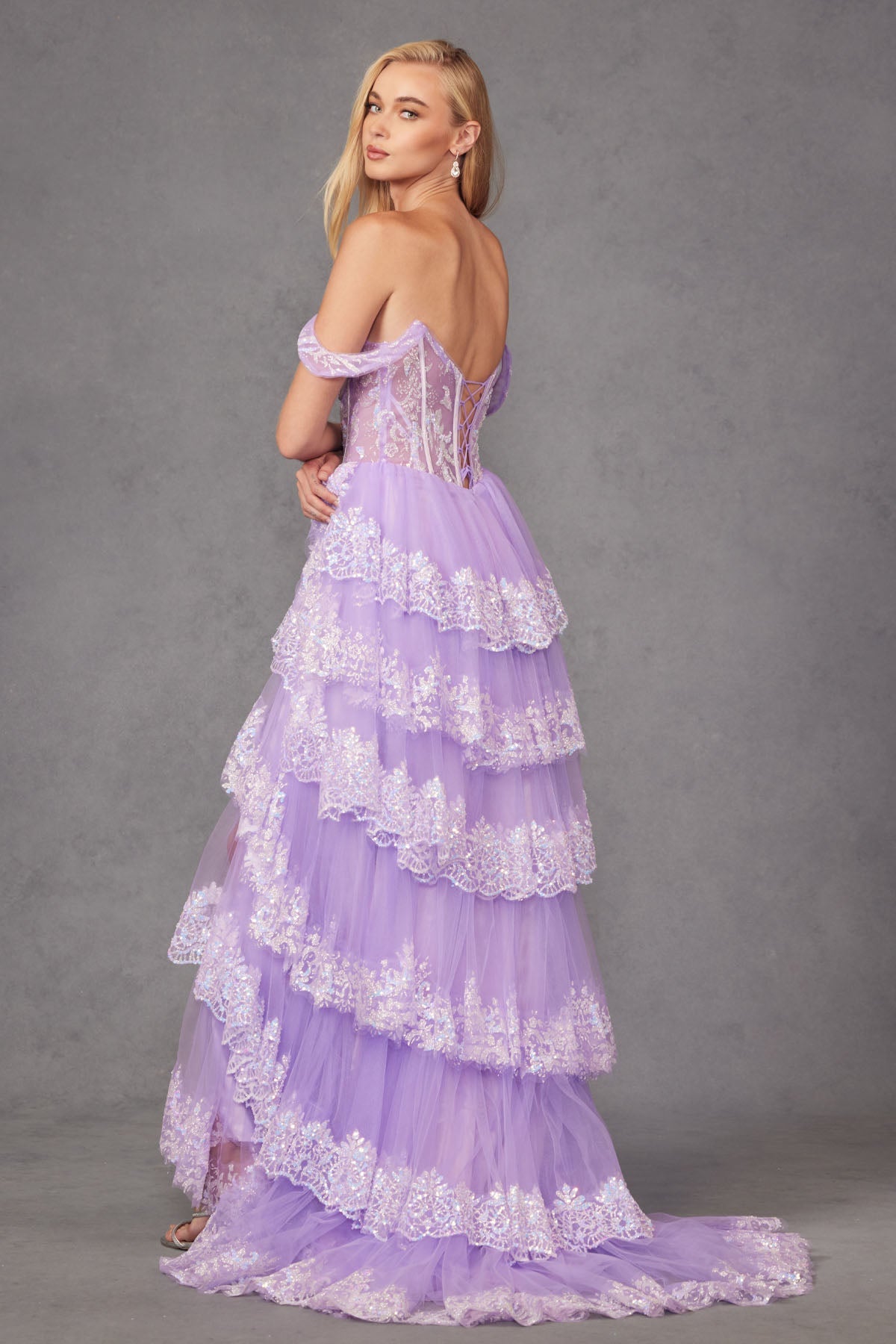 Ruffle Tulle Lace Sequin Off Shoulder Sheer Corset Bodice Long Prom Dress JTJT2467K