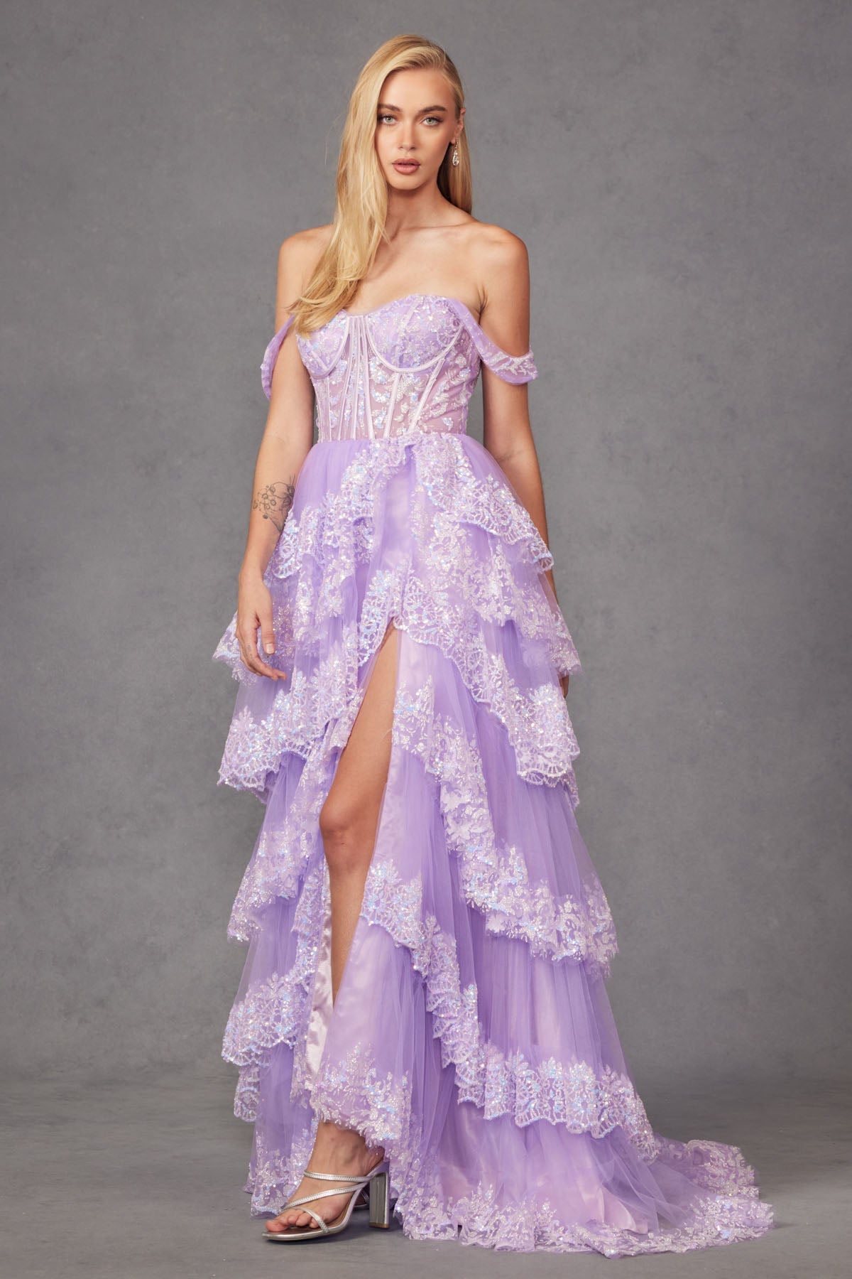 Ruffle Tulle Lace Sequin Off Shoulder Sheer Corset Bodice Long Prom Dress JTJT2467K