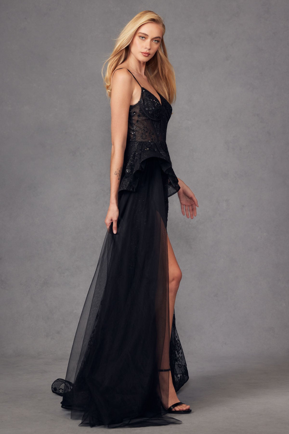 Embroidered Sequin Side Slit Tulle Skirt Sheer Bodice Long Prom Dress JTJT2468K