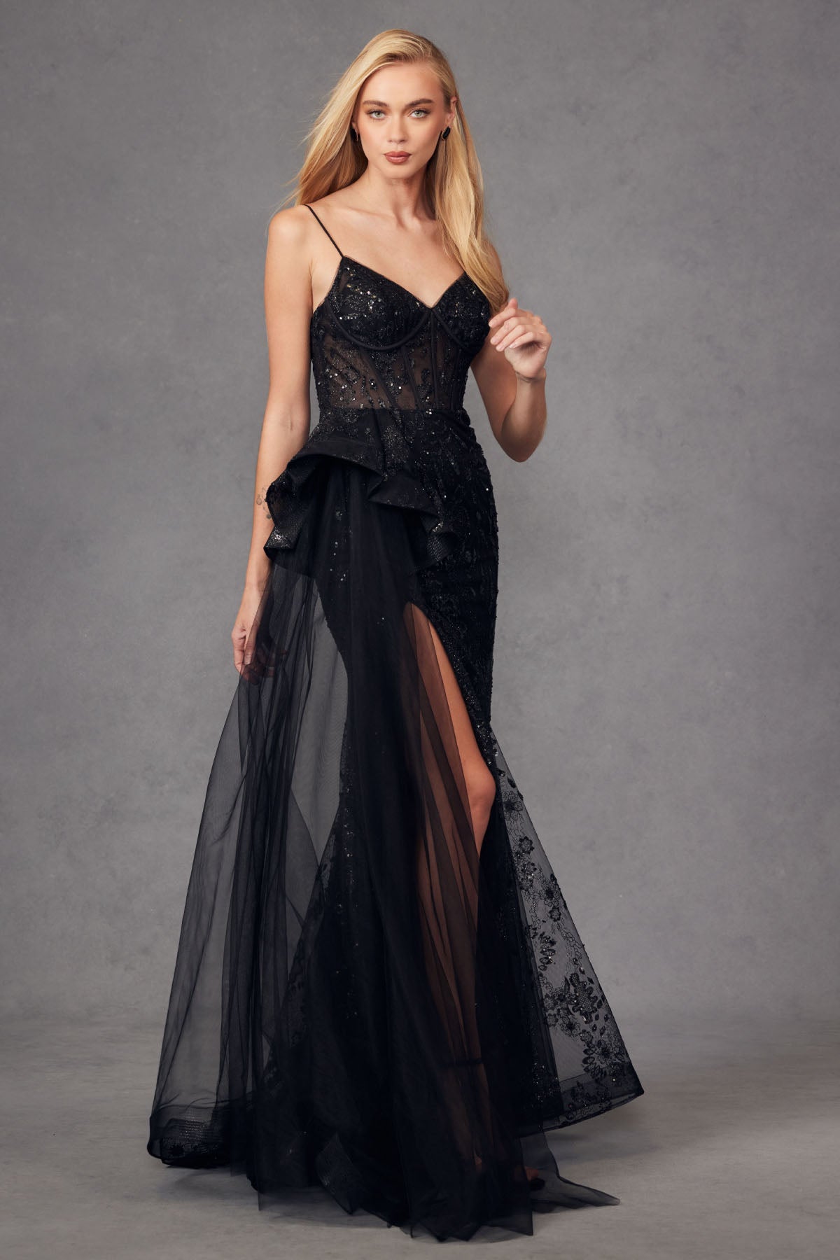 Embroidered Sequin Side Slit Tulle Skirt Sheer Bodice Long Prom Dress JTJT2468K