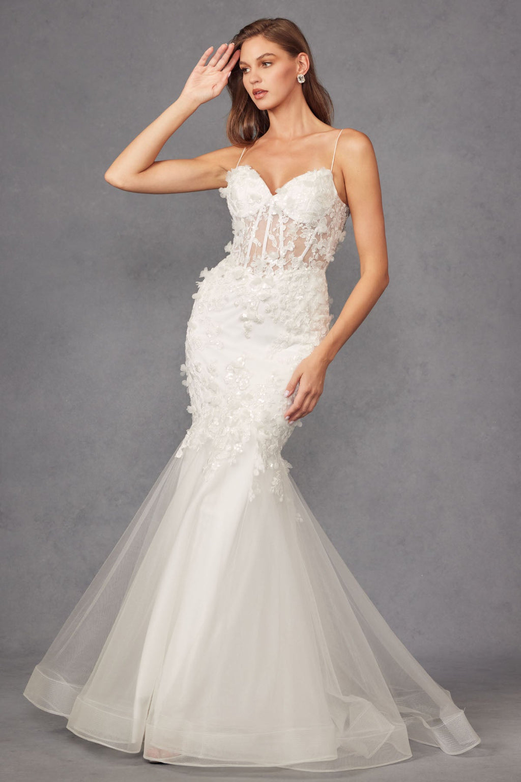 Fitted Lace Mermaid Corset V-Neck Long Wedding Dress JTJT2469KW